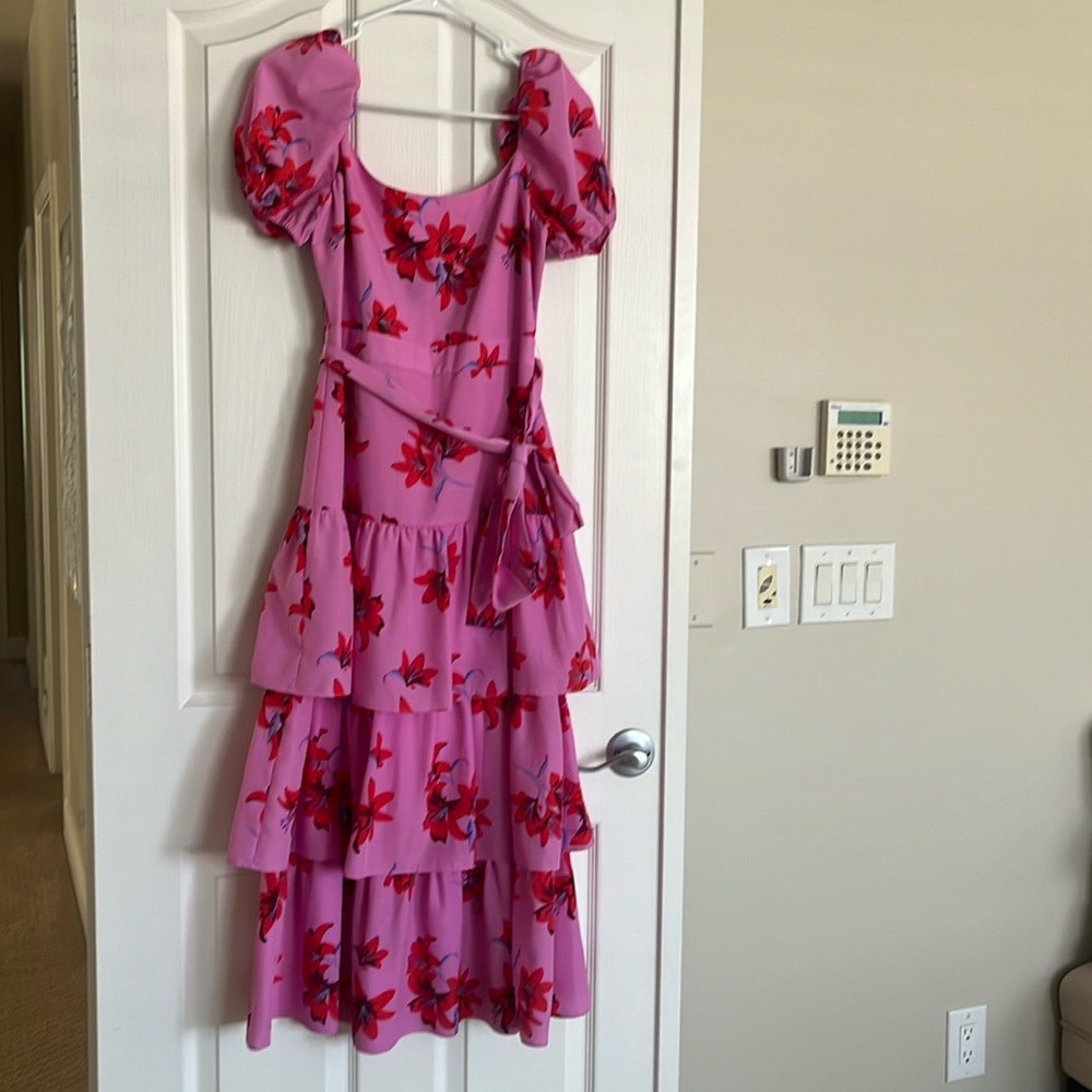 Revolve Likely Pink and Red Floral Tiered Dress